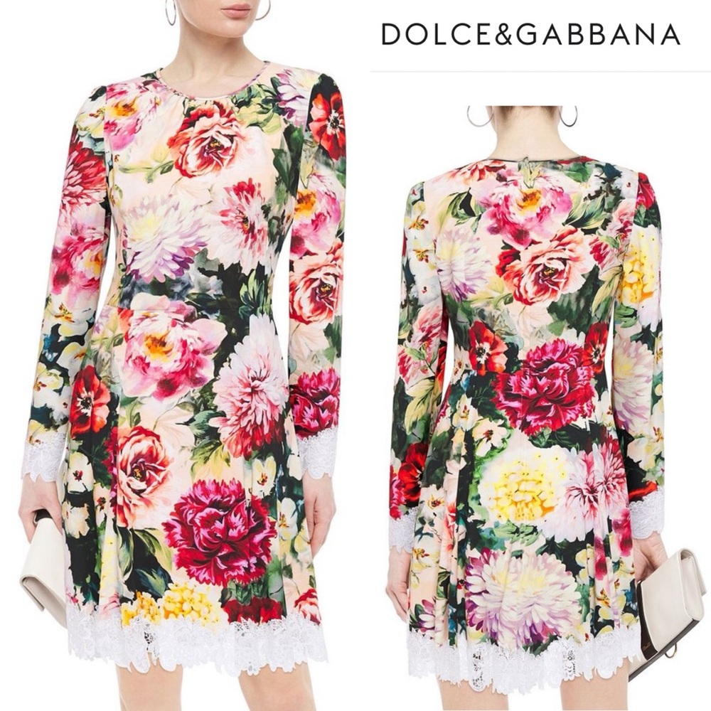 Dolce & Gabbana Lace Trimmed Floral Print Crepe Long Sleeve Mini Dress - 36